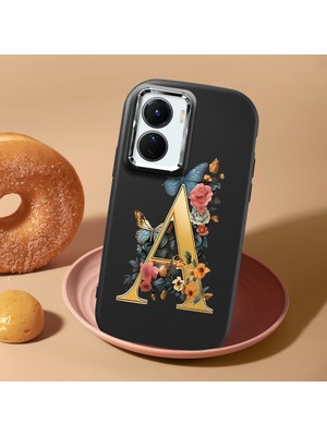 HONTINGA Vivo Y02S ile Uyumlu Kılıf Kamera Korumalı Düşüme Önleyici Kamera Koruyucu Siyah Yumuşak Silikon Couple Telefon Kılıfı A Harfi Desenli K4-0446