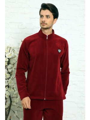 Pijama Evi Bordo Önden Fermuarlı Uzun Kollu Polar Erkek Pijama Takımı