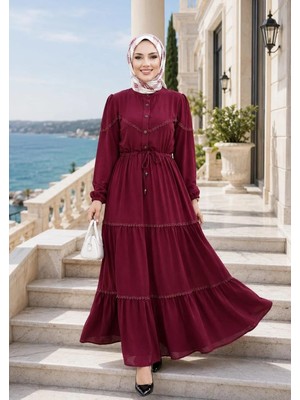Harma Time Butik Kadın Düğmeli Dantel Detaylı Beli Bağcıklı Ayrobin Bordo Elbise
