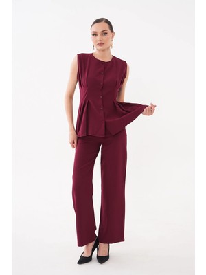 Diemmood Kadın Pilise Detaylı Bordo Yelek Pantolon Takım