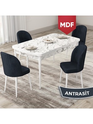 Canisa Concept Roe Serisi MDF Açılabilir 80X132 Beyaz Mermer Desen Mutfak Masası Takımı ve 4 Sandalye