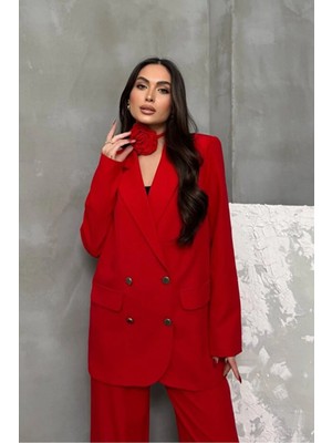 Zf Butik Kadın Gül Aksesuarlı Kırmızı Ceket Pantolon Takım