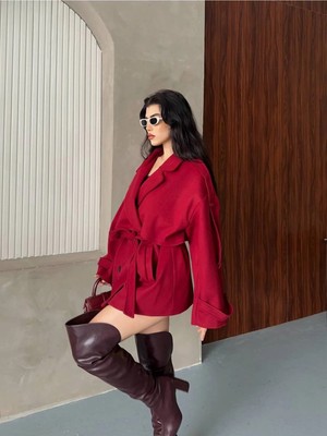 Zf Butik Kadın Kısa Kaşe Kaban Bordo Kuşaklı Apolet Detaylı