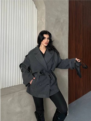 Zf Butik Kadın Kısa Kaşe Kaban Kuşaklı Apolet Detaylı Antrasit