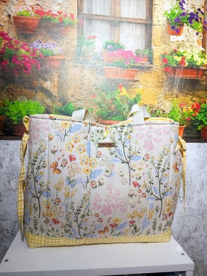elisss bag Sarı Çiçek Desenli Kadın Çanta, Piknik Çantası, Lunchbag, Bebek Çantası, Plaj Çantası %100 Pamuk