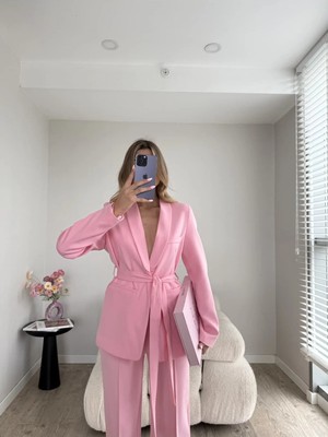 Zf Butik Düğme Detaylı Kemerli Ceket Pantolon Takım