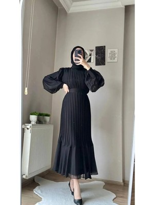 Zf Butik Piliseli Balon Kol  Şifon Tesettür Elbise