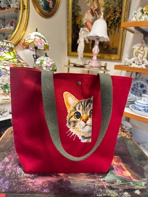 elisss bag Duck Keten Pamuk Kumaş Kedi Figürlü Kırmızı Çıtçıtlı Piknik Çantası Plaj Çantası Bebek Çantası Günlük Çanta