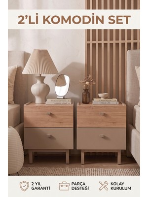 Robin Home 2'li Komodin Set 2 Çekmeceli Ahşap Ayaklı Kumsal-Sepet