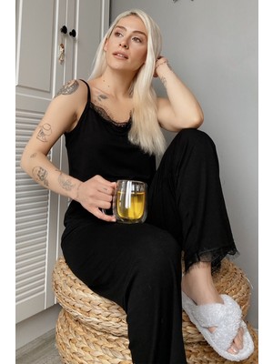Pijama Evi Siyah Dantelli Ip Askılı Örme Kadın Pijama Takımı