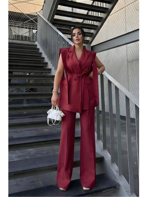 Zf Butik Kadın Alt Üst Ikili Takım Omuz Detaylı Kemerli Kolsuz Blazer Ceket Pantolon Takım