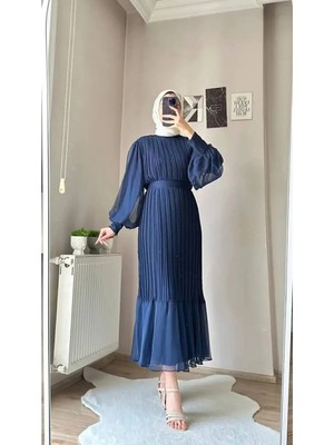Zf Butik Tesettür Elbise Lacivert Piliseli Şifon Uzun Kollu