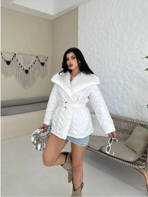Zf Butik Kadın Kemerli Içi Kürklü Şişme Mont Beyaz