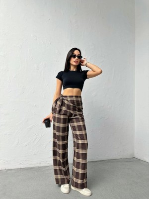 Zf Butik Kadın Ekose Bol Paça Pantolon Kahverengi Bağlama Detaylı Yüksek Bel