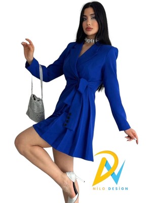 Zf Butik Kadın Uzun Blazer Ceket Elbise Lacivert Düz Kesim