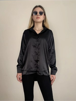 Zf Butik Kadın Saten Gömlek Siyah Uzun Kollu Parlak