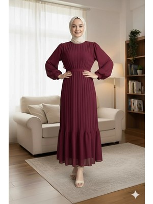 Zf Butik Bordo Piliseli Janjan Şifon Tesettür Elbise Uzun Kollu