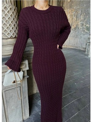Zf Butik Kadın Bordo Saç Örgüsü Detaylı Triko Elbise