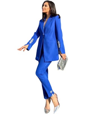 Zf Butik Kadın Taşlı Takım Elbise Saks Mavisi Regular Kalıp