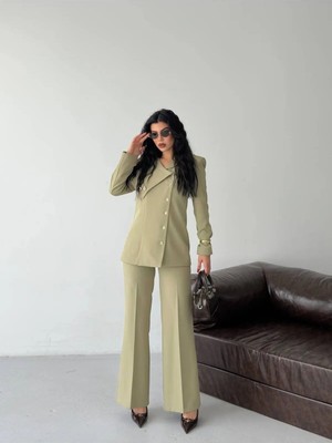 Zf Butik Kadın Blazer Pantolon Takım Haki Asimetrik Yaka