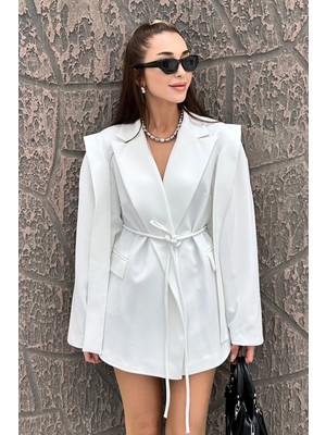 Zf Butik Kadın Ipli Tasarım Ceket Beyaz Polyester Oversize