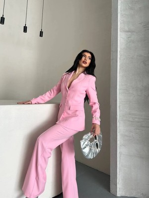Zf Butik Kadın 4 Düğmeli Ceket Pantolon Takım Pembe