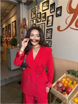 Zf Butik Kadın Blazer Ceket Pantolon Takım Kırmızı Bol Paça