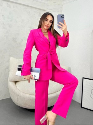 Zf Butik Kadın Kemerli Şal Yaka Blazer Ceket Takım Elbise Pembe