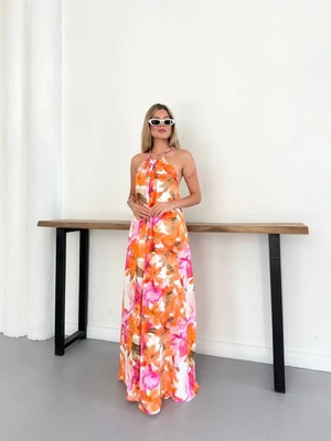 Zf Butik Çiçek Desenli Boyundan Bağlamalı Maxi Elbise