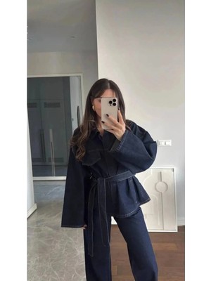 Zf Butik Koyu Lacivert Belden Bağlamalı Oversize Denim Takım Ceket Pantolon