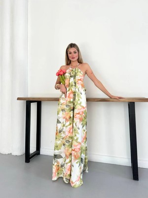 Zf Butik Çiçek Desenli Boyundan Bağlamalı Maxi Elbise