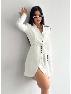 Zf Butik Kadın Beyaz Mini Elbise Uzun Kollu Kruvaze Yaka Pileli