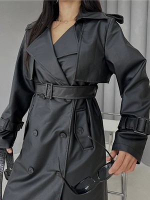 Zf Butik Kadın Uzun Deri Trençkot Siyah Apoletli Kuşaklı 140 cm
