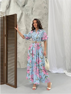 Zf Butik Kadın Çiçek Desenli Kemerli Yırtmaçlı Midi Elbise