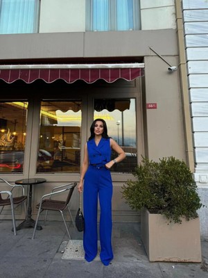 Zf Butik Kadın Düğmeli Yelek Pantolon Asimetrik Takım Sax