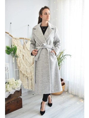 Zf Butik Kadın Uzun Kaşe Kaban Kuşaklı Gri Keçe