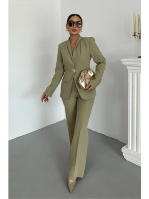 Zf Butik Kadın Blazer Ceket Takım Haki Gold Düğmeli