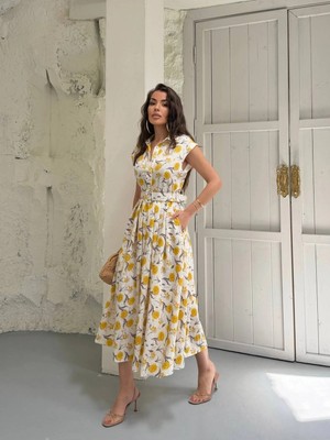 Zf Butik Kadın Çiçek Desenli Kemerli Midi Elbise