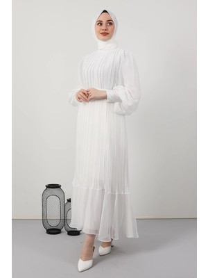 Zf Butik Kadın Piliseli Janjan Abiye Elbise Beyaz