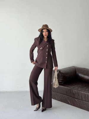 Zf Butik Kadın Blazer Pantolon Takım Kahverengi Asimetrik Yaka