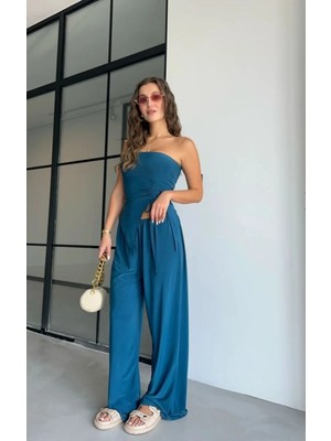 Zf Butik Kadın Indigo Mavi Renk Straplez Büzgülü Bluz Salaş Rahat Pantolon Ikili Takım