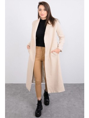 Zf Butik Kadın Kaşe Kaban Beli Bağcıklı Midi Boy Taş