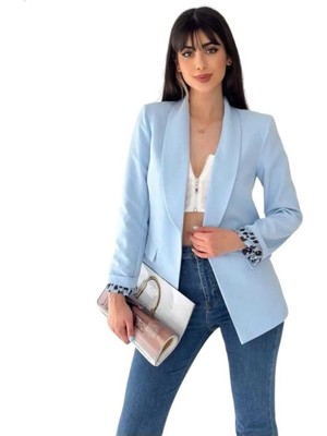 Zf Butik Kadın Düğmesiz Cepli Astarlı Katlanabilir Kol Mavi Blazer Ceket
