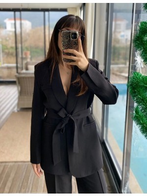 Zf Butik Kadın Blazer Ceket Pantolon Takım Ikili Kuşaklı Siyah