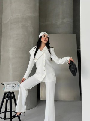 Zf Butik Kadın Asimetrik Yaka Blazer Pantolon Takım Beyaz