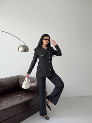 Zf Butik Kadın Blazer Pantolon Takım Siyah Asimetrik Yaka