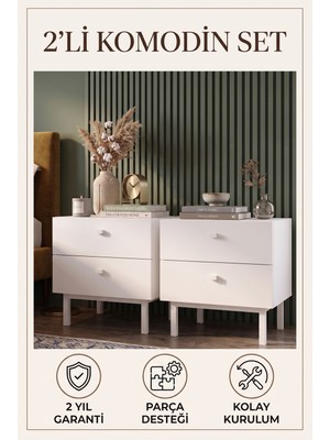 Robin Home 2'li Komodin Set 2 Çekmeceli Ahşap Ayaklı Beyaz