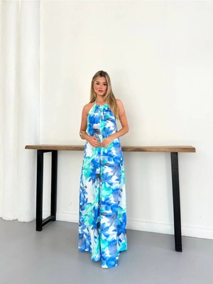 Zf Butik Çiçek Desenli Boyundan Bağlamalı Maxi Elbise