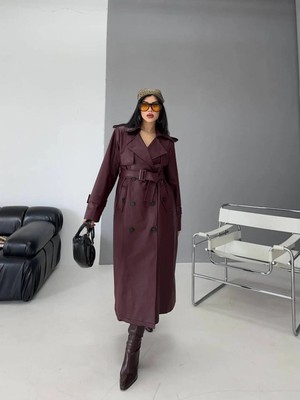 Zf Butik Kadın Deri Apoletli Uzun Trençkot Pelerin Detaylı Kuşaklı Bordo 140 cm