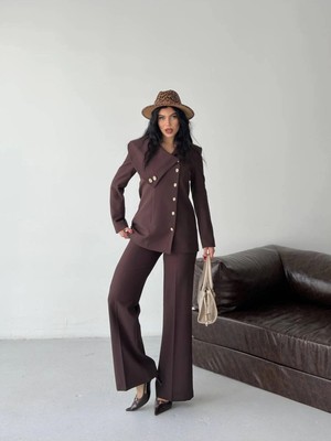 Zf Butik Kadın Blazer Pantolon Takım Kahverengi Asimetrik Yaka